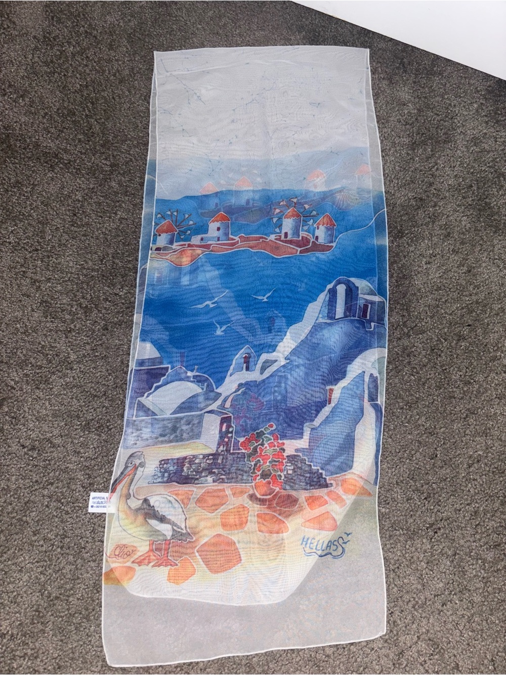 Rare Vintage made in Greece Greek Infasma Chiffon Scarf picturing Mykonos Island